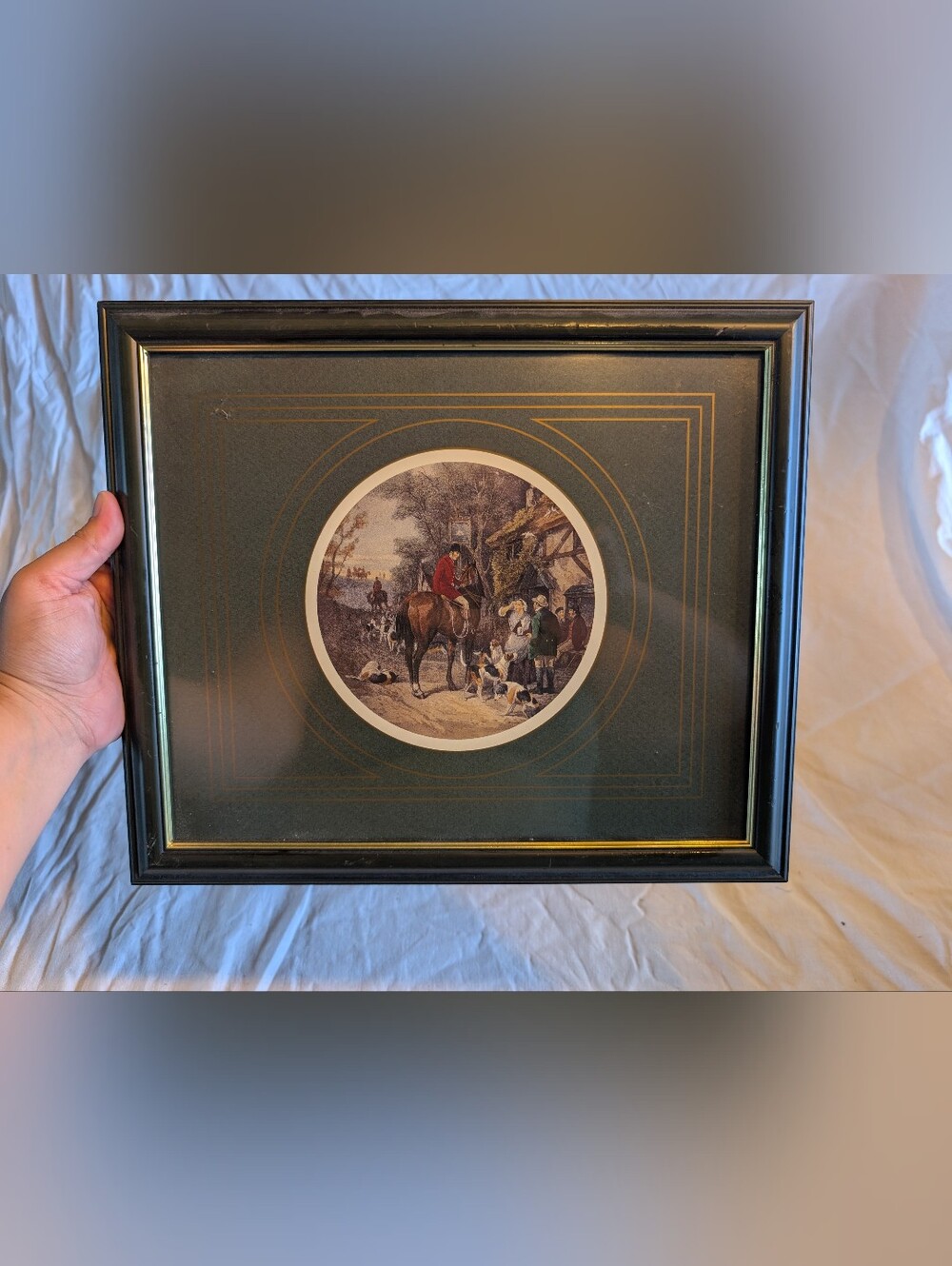 2/60$ Vintage Green and Gold Framed Hunt Scene Print